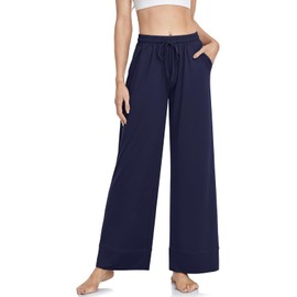 TARSE Wide Leg Yoga Pants for Women Plus Size Comfy Casual Pilates Drawstring Sweatpants Flowy Lounge Pajama Bottoms with Pockets (Navy,3XL)