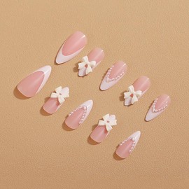 24Pcs White French Tip Press on Nails Medium Almond Fake Nails Pearls Bow Charms Full Cover Artificial Nude Pink Nails Glue on Nails Cute False Nails for Women Girls Acrylic Manicure Salon Decorations