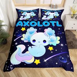 Homemissing Galaxy Axolotl Duvet Cover Cute Axolotl Comforter Cover for Kids Cartoon Salamander Bedding Set Blue Axolotl Bedspread Cover Sealife Room Decor Microfiber Bedclothes Zipper Double