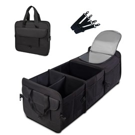Vogano Trunk Organizer for SUV with cooler bag, Collapsible Multi-Compartment Car Organizers Foldable 600D Oxford Polyester (black-upgrade)