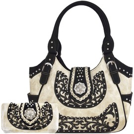 Western Style Rhinestone Concho West Concealed Carry Purse Country Handbag Women Shoulder Bag Wallet Set (#2 Beige Set)