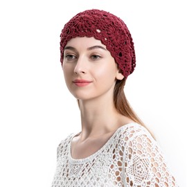 Zlyc Women's summer knitted hats, handmade crochet hat, slouch beanie, Burgundy red