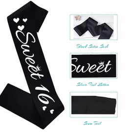 HUBEISIYU Sweet 16 Birthday Sash, 16th Bday Sash Gift Ideas for Girl Funny 16th Birthday Party Decorations Suppiles, Black+ Silver(Sweet 16)