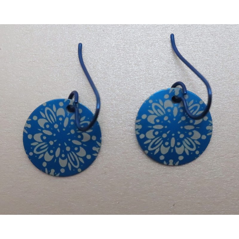 Lightweight Anodized Blue Floral Aluminum Disc Niobium Dangle Earrings