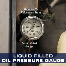 GlowShift Liquid Filled Mechanical 100 PSI Oil Pressure Gauge - White Dial - Waterproof - 1/8-27 NPT Thread - 1-1/2" (38mm) Diameter
