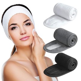 EODKSE Set of 3 Terry Cloth Hair Bands for Cosmetics and Spa Applications, Adjustable Hair Protection for Sports, Yoga, Facial Cleansing, Bath and Beauty Applications (Black, White, Grey)