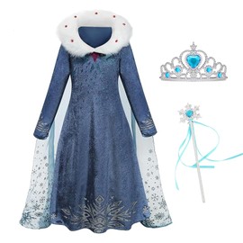 Foierp Girl’s Elsa / Anna Costumes, Costume with Fairy Wand and Crown Tiara for Wedding/Party/Cosplay, Winter Long Sleeve Fur Collar Princess Dress