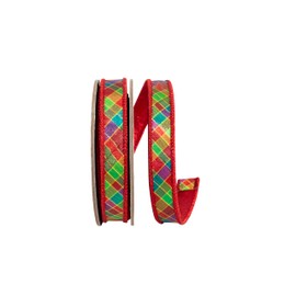 Reliant Ribbon Plaid Jewel Tone Deluxe Metallic Backed Red Wired Edge Ribbon, Multi