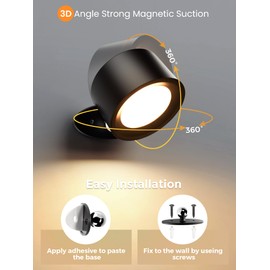 AUDERWIN LED Wall Sconces Battery Operated 360° Rotation Decor Wall Mounted Cordless Lights, 3 Color Temperatures & Dimmable, Wireless Magnetic Picture Lights Bedside Wall Lamps Bedroom, Livingroom