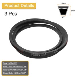 sourcing map 3Pcs SPZ-1600 Drive Wedge Belts V-Belt Industrial Power Rubber Transmission Belt 1600mm Pitch Girth,10mm Width, 8mm Height, 1613mm Outer Girth