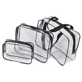 3Pcs Travel Clear Cosmetic Bag Toiletry Bags Bulk, Water Resistant PVC Packing Cubes with Zipper Closure & Carry Handle for Women Baby Men, Make-up Brush Case Beach Pool Spa Gym Bag，Black