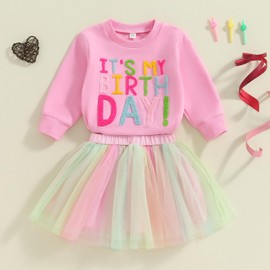 Toddler Baby Girls Birthday Outfits Birthday Girl Embroidery Letter Sweatshirt Tops+Rainbow Tutu Skirt Fall Clothes (Rose Pink, 18-24 Months)