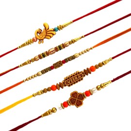 SWAMISP Set of 5 Rakhi for brother Bhaiya Bhabhi Gift Set for family Raksha Bandhan Festival Rakhi for Bhaiya and Bhabhi, Indian designer latest Rakhi for bhai Thread bracelets