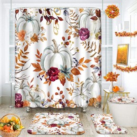 Tayney Fall Red Burgundy Pumpkin Shower Curtain Set with Toilet Lid Cover and Non-Slip Rugs, Leaves Flower Tree 4 Pcs Shower Curtains for Bathroom, Autumn Watercolor Bathroom Decor Accessories Set