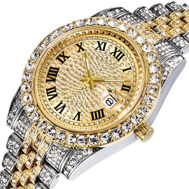 HUNRUY Hip Hop Watches for Men Iced-Out Bling Diamond Luxury Quartz Watches with Date (40mm Gold)
