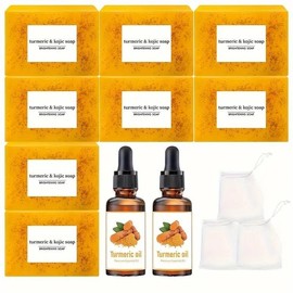 Turmeric Soap & Essential Oil Set, 1 Set with 8 Counts Turmeric Soap Bar & 2 Counts Turmeric Essential Oil & 3 Counts Soap Bag, Moisturizing Skin Care Set for Women & Men, Skincare, Body Care Products
