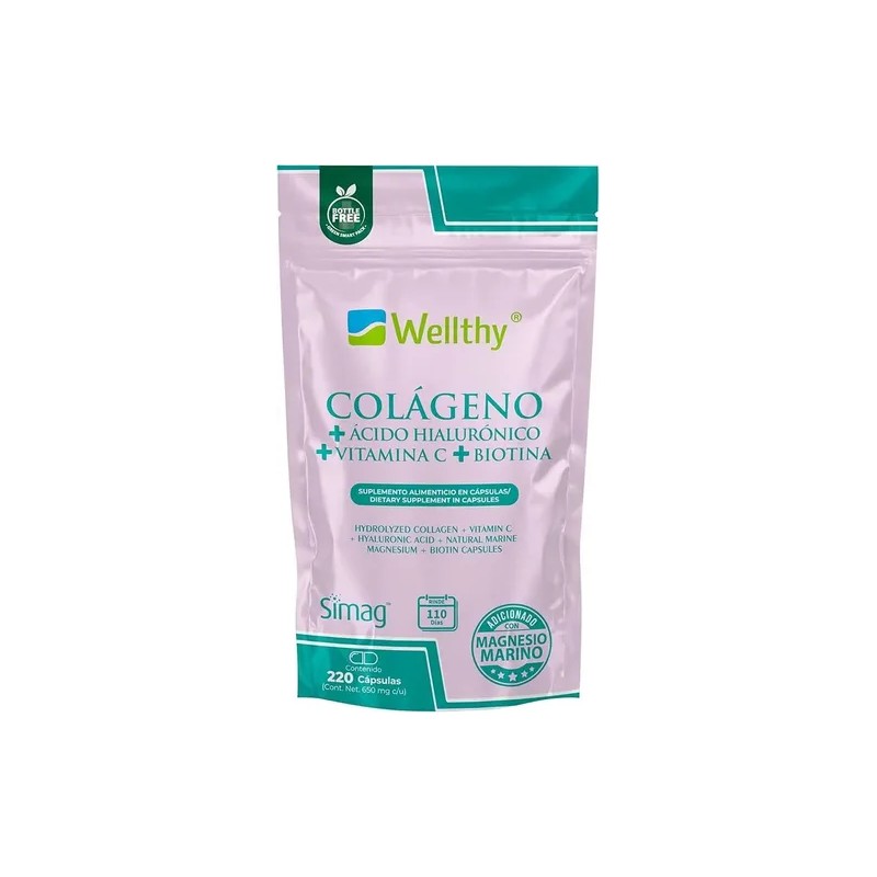 Wellthy Colágeno, Ácido Hialurónico, Vit C 220 Cápsulas Sabor Sin