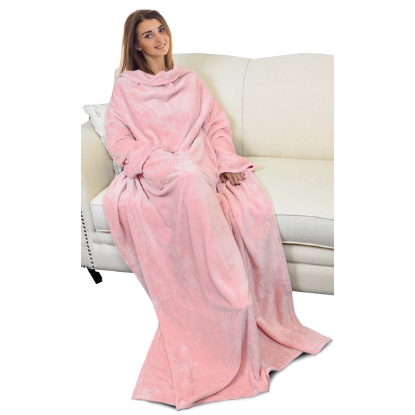 Catalonia Classy Wearable Blanket with Sleeves and Pocket, Comfy Soft Fleece Mink Micro Plush Wrap Throws Blanket Robe for Women and Men 185 x 130 cm, Pink