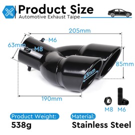 EFUTURETIME Terminale di Scarico Auto Universale a Doppia Uscita Curvo in Acciaio Inox, Diametro Esterno 63 mm, Regolabile per Tubi da 35 a 58 mm (Nero Lucido)