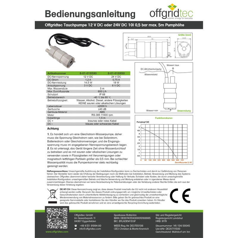 Offgridtec Submersible Pump 12 V DC 10 L 0.5 Bar