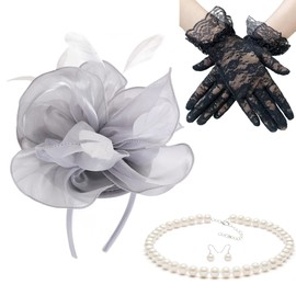 Gionforsy Fascinators Hats for Women Feather Headband Hats with Pearl Necklaces Lace Gloves Wedding Veil Hat (US, Alpha, One Size, Grey)