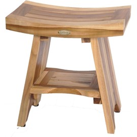 EcoDecors Serenity Teak Shower Bench – 18 Inch, Natural Finish, 300 Pound Capacity Safe & Stable Seating | Waterproof Wood Stool for Bathroom | Compact & Stylish | Built-in Shelf