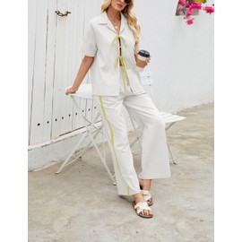 Freyhem Womens Summer Spring Casual Loose Set Cotton Linen Loungewear Tie Pajama for 2025(White-S)