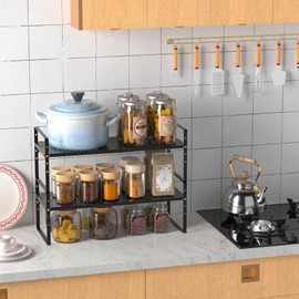 WEJIPP Cabinet Shelf Organizer Expandable Spice Rack Stackable Countertop Organizer Shelves for Cabinet Pantry Counter Cupboard Inside Cabinet,Kitchen Under Sink Storage Shelf Rack,Black,2 Packs