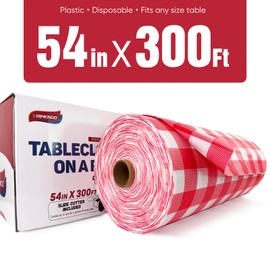 TRIMENGO 54in x 300Ft Red Gingham Plastic Table Cloth Roll with 18 Pcs Stainless Steel Clips, Disposable Table Cover Roll in A Cut-to-Size Box with Slide Cutter, Tablecloth for Parties, Birthdays