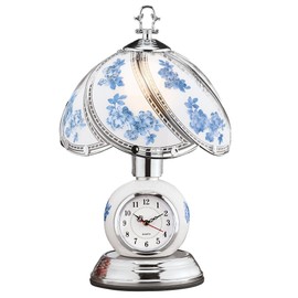 Collections Etc Rose Glass Panel Touch Lamp with Analog Clock - Silver-Toned Base - 3 Levels of Brightness - Glass, Metal - 9"Dia x 14.5"H, 60"L Cord - Blue or Lavender
