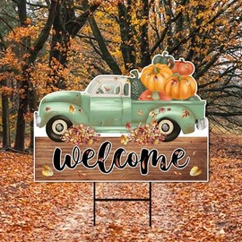 Thanksgiving Outdoor Decorations Yard Sign, Fall Welcome Harvest Pumpkins Decor, Pumpkins Trucks Thanksgiving Yard Sign with Metal H-Stake, VP3872