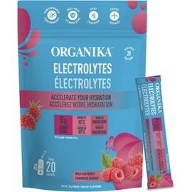 Organika Canadian-Made Electrolytes Powder- Wild Raspberry Sachets- On the Go Sugar-Free Hydration and Electrolyte Replenishment with Prebiotics and Vitamin C-3.5g x 20ct