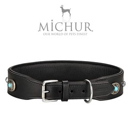 Michur Alonzo Dog Collar Leather Black Wide Leather Collar Blue Stones with Round Studs Available in Various Sizes