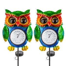 SUNNYGARDEN 2 Pack Owl Outdoor Thermometer with Solar Stake Light, Outside Thermometer Waterproof Garden Temperature Decorative for Patio, Lawn, Backyard