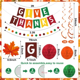 Thanksgiving Party Decoration Give Thanks Banner with Honeycomb Balls Pre-strung Turkey Pumpkin Maple Leaves Hanging Swirls Thanksgiving Circle Dots Garland for Fall Autumn Harvest Home Party Decor