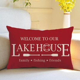 7COLORROOM Lake House Decor Throw Pillow Covers Red Double-Sided Printed Welcome to Our Lake House with Anchor Rectangular/Waist Cushion Cover Farmhouse Summer Home Decor Pillowcases 12”×20”(Red)