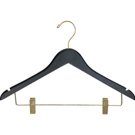 Quality Wooden Skirt Hangers 25 Pack, Solid Wood Pants Hanger with Adjustable Clips, Semi-Gloss Black Finish
