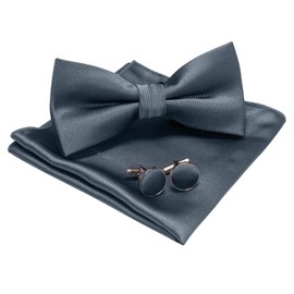 Jemygins Set for Men - Includes Plain Bow Tie, Men’s Pocket Handkerchief and Cufflinks, Dark grey 2