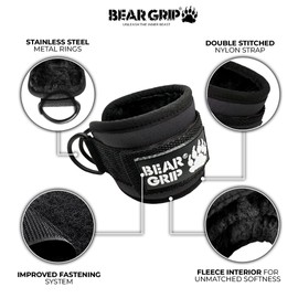 BEAR GRIP - Ankle Straps for Cables with New Fleece Design - Strong Closure, Double Stainless Steel D-Ring, Adjustable Neoprene - For Men & Women (Black - Pair)