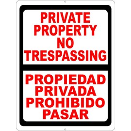Eletina Bilingual Private Property No Trespassing Sign. English & Spanish Security Signs. Privada. 8"" X 12"" inch Metal.