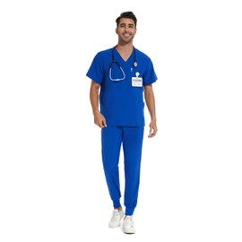 COZYFIT Men Scrubs Set — Stretch V-Neck Scrub Top & Jogger Pant with 8 Pockets, Yoga Waistband, Anti-Wrinkle Scrubs for Men