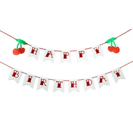 Glitter Cherry Happy Birthday Banner 1950's Party Decoration Pre-Strung 1st Birthday Party Decoration Rockabilly Themed Birthday Party Banner