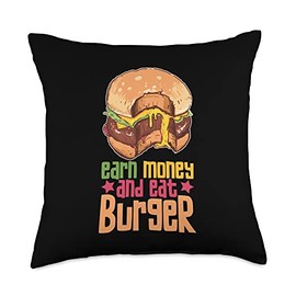 Cheese Ground Beef Snack Buns Fast Food Lover Earn Money and Eat Burger Throw Pillow, 18x18, Multicolor
