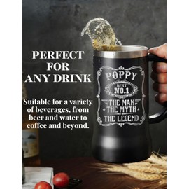 Onebttl Poppy Gifts Stainless Steel Beer Stein Tumbler, 24oz Beer Mug with Lid for Father's Day, Christmas - Man Myth Legend