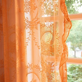 Sutuo Home Orange Lace Curtains Set of 2, Boho Sheer Panels 63 Inch Length Floral Embroidery Vintage Ruffled Window Treatment Pair for Bedroom Living Room, Shabby Chic Decor Rod Pocket, W57 x L63