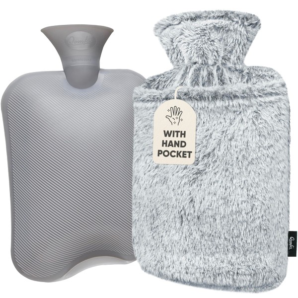 Qomfor Hot Water Bottle with Cover - Premium Fluffy Faux Fur Cover with Kangaroo Pocket - 1.8l Large - Hot Water Bag for Pain Relief, Neck and Shoulders, Hands and Feet, Cosy Nights (Light Grey)