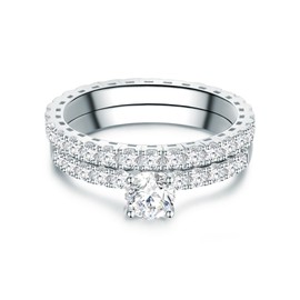 Trilani Women's Engagement Ring with Side Ring 925 Sterling Silver Brilliant Cut Cubic Zirconia Set of 2 Solitaire Ring, 54, Sterling Silver, Cubic Zirconia