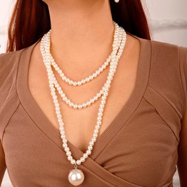 Wiwpar Multilayer Long Imitation Pearl Statement Necklace with Pearl Pendant and Earrings Set Vintage Costume for Women