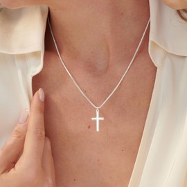 HANLI Silver Small Cross Necklaces for Women - Sterling Silver Plated Cross Pendants Womens Necklaces Trendy Box Chain Dainty Cross Necklace Simple Jewelry