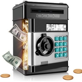 JIUS@FF Jarra De Dinero Electrónico De Juguete, Caja Fuerte para Niños, Cajero Automático, Regalo De Cumpleaños De Navidad para Niños Y Niñas, Regalo De Navidad (Negro)